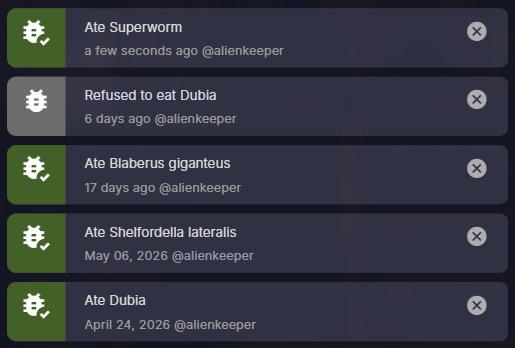 AlienKeeper feeder chart showing which feeders the jumping spider accepted